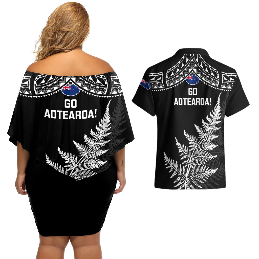 New Zealand Silver Fern Rugby Couples Matching Off Shoulder Short Dress and Hawaiian Shirt Go All Black 2023 World Cup - Wonder Print Shop