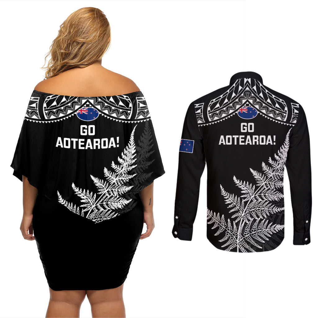 New Zealand Silver Fern Rugby Couples Matching Off Shoulder Short Dress and Long Sleeve Button Shirts Go All Black 2023 World Cup - Wonder Print Shop