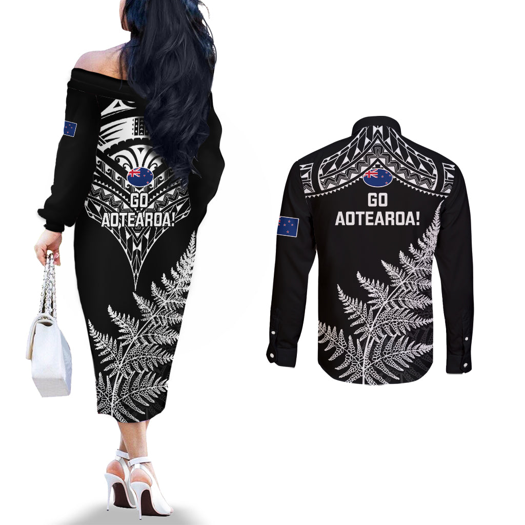new-zealand-silver-fern-rugby-couples-matching-off-the-shoulder-long-sleeve-dress-and-long-sleeve-button-shirts-go-all-black-2023-world-cup