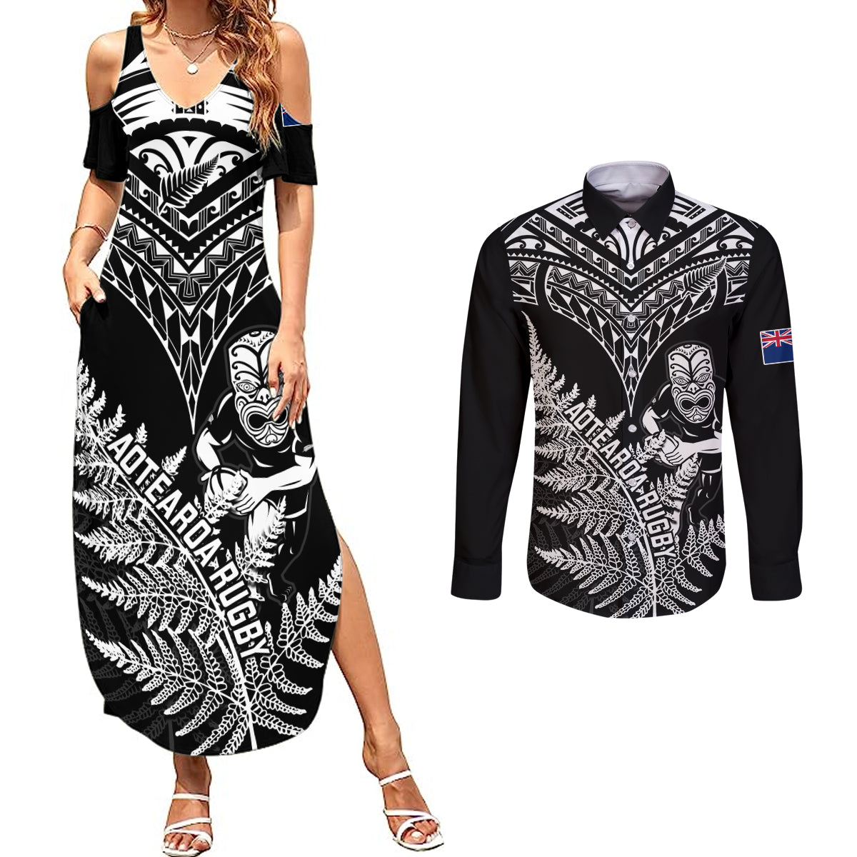 New Zealand Silver Fern Rugby Couples Matching Summer Maxi Dress and Long Sleeve Button Shirts Go All Black 2023 World Cup - Wonder Print Shop