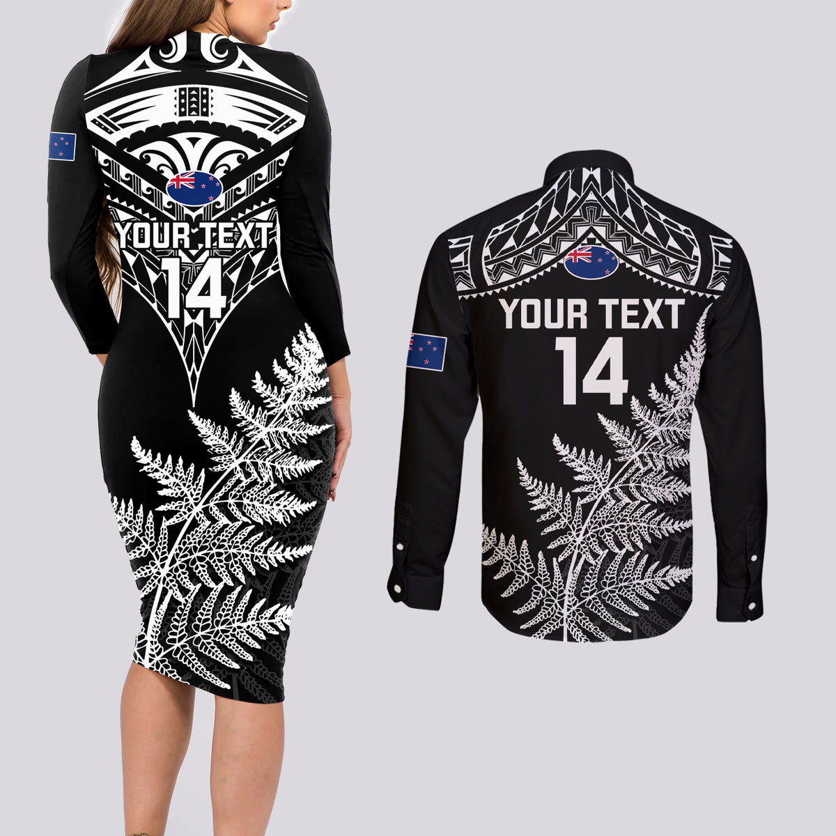 Personalised New Zealand Silver Fern Rugby Couples Matching Long Sleeve Bodycon Dress and Long Sleeve Button Shirts Go All Black 2023 World Cup - Wonder Print Shop