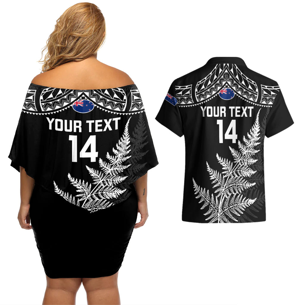 Personalised New Zealand Silver Fern Rugby Couples Matching Off Shoulder Short Dress and Hawaiian Shirt Go All Black 2023 World Cup - Wonder Print Shop
