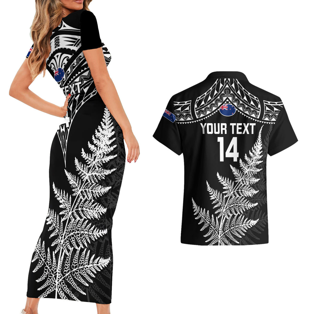 Personalised New Zealand Silver Fern Rugby Couples Matching Short Sleeve Bodycon Dress and Hawaiian Shirt Go All Black 2023 World Cup - Wonder Print Shop