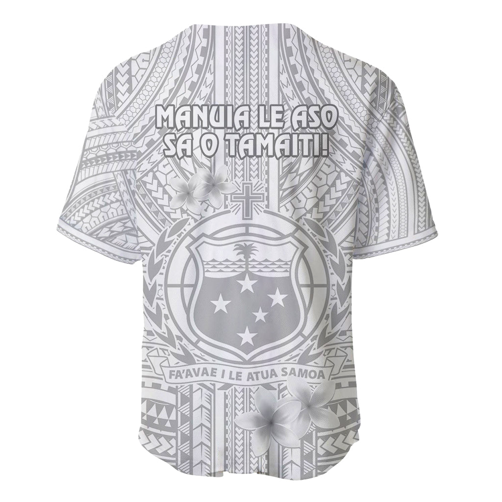 Samoa White Sunday Baseball Jersey Manuia le Aso Sa o Tamaiti Polynesian Plumeria - Wonder Print Shop