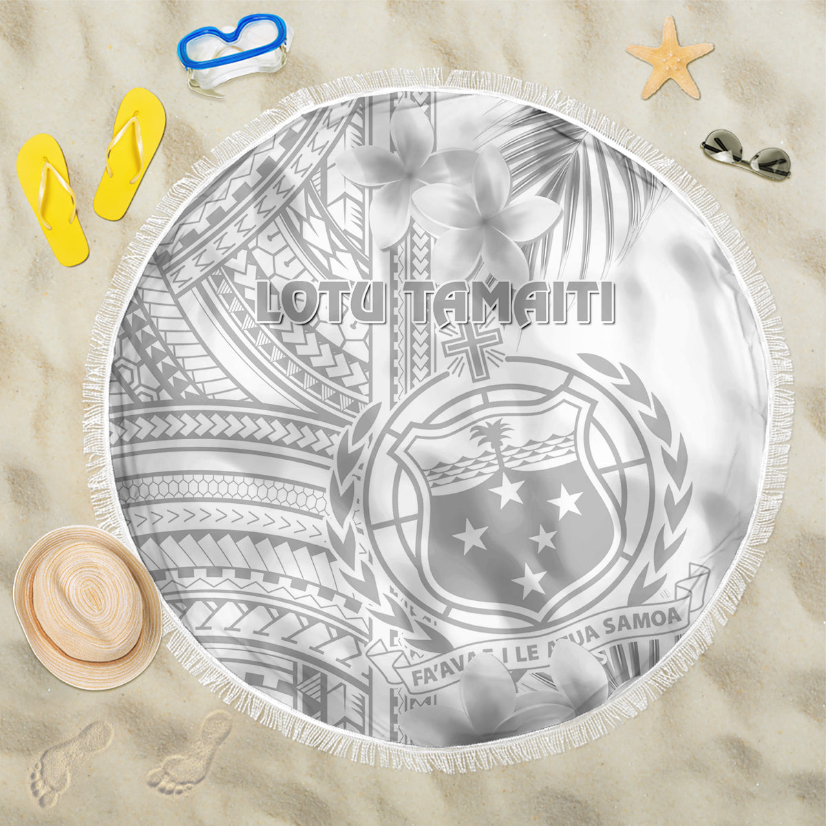 Samoa White Sunday Beach Blanket Manuia le Aso Sa o Tamaiti Polynesian Plumeria - Wonder Print Shop