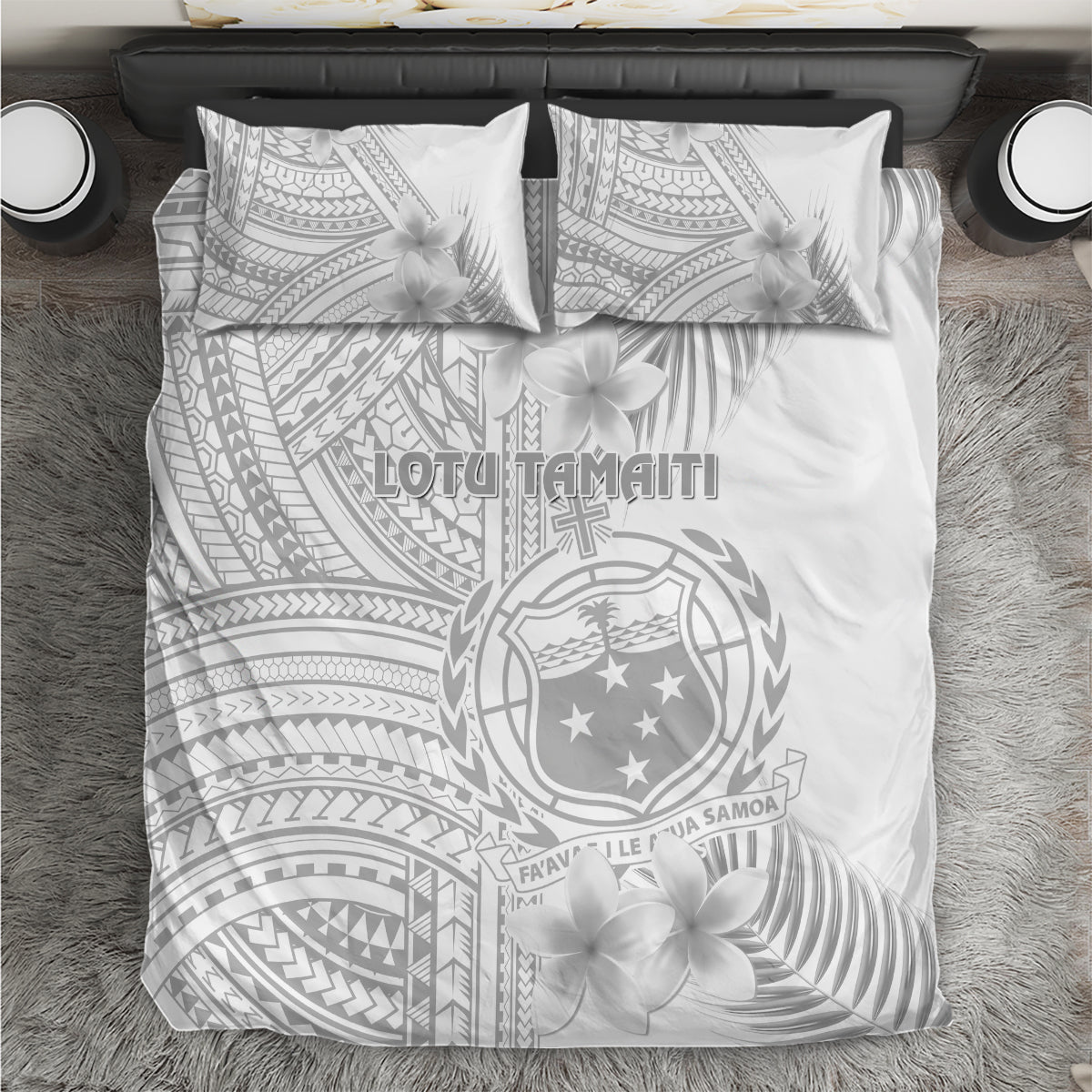 Samoa White Sunday Bedding Set Manuia le Aso Sa o Tamaiti Polynesian Plumeria - Wonder Print Shop