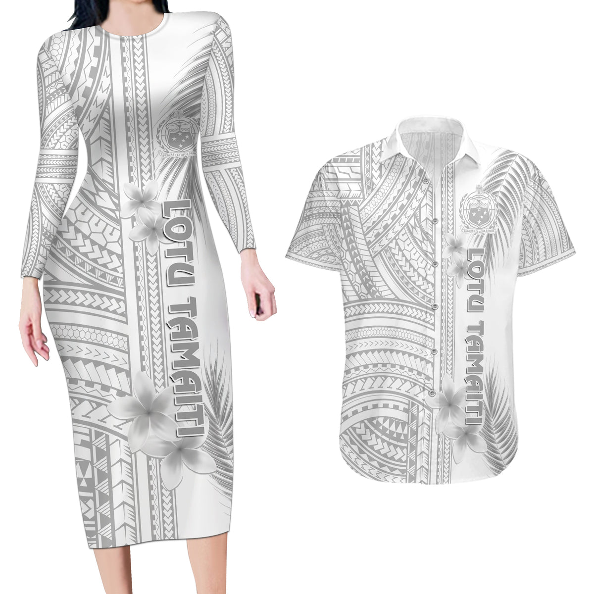 Samoa White Sunday Couples Matching Long Sleeve Bodycon Dress and Hawaiian Shirt Manuia le Aso Sa o Tamaiti Polynesian Plumeria - Wonder Print Shop