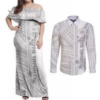 Samoa White Sunday Couples Matching Off Shoulder Maxi Dress and Long Sleeve Button Shirts Manuia le Aso Sa o Tamaiti Polynesian Plumeria - Wonder Print Shop