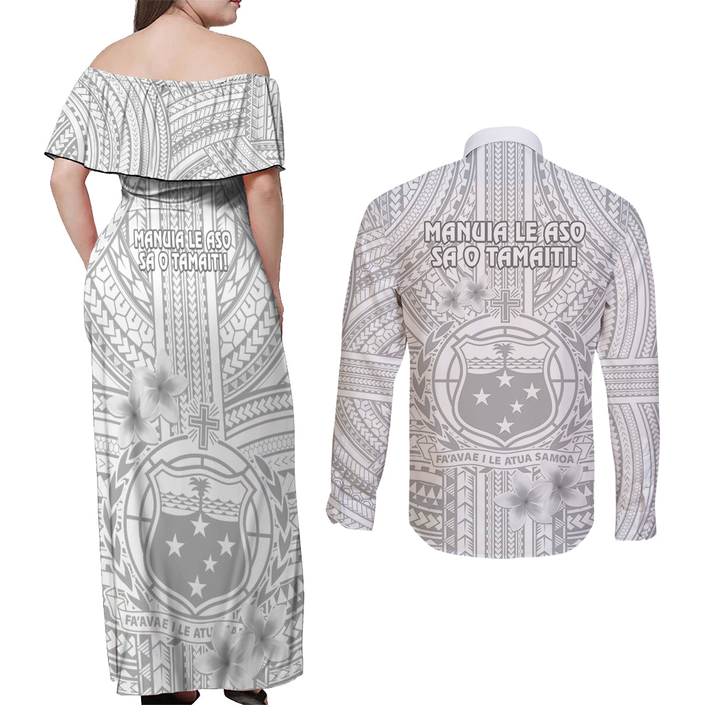 Samoa White Sunday Couples Matching Off Shoulder Maxi Dress and Long Sleeve Button Shirts Manuia le Aso Sa o Tamaiti Polynesian Plumeria - Wonder Print Shop