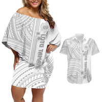 Samoa White Sunday Couples Matching Off Shoulder Short Dress and Hawaiian Shirt Manuia le Aso Sa o Tamaiti Polynesian Plumeria - Wonder Print Shop