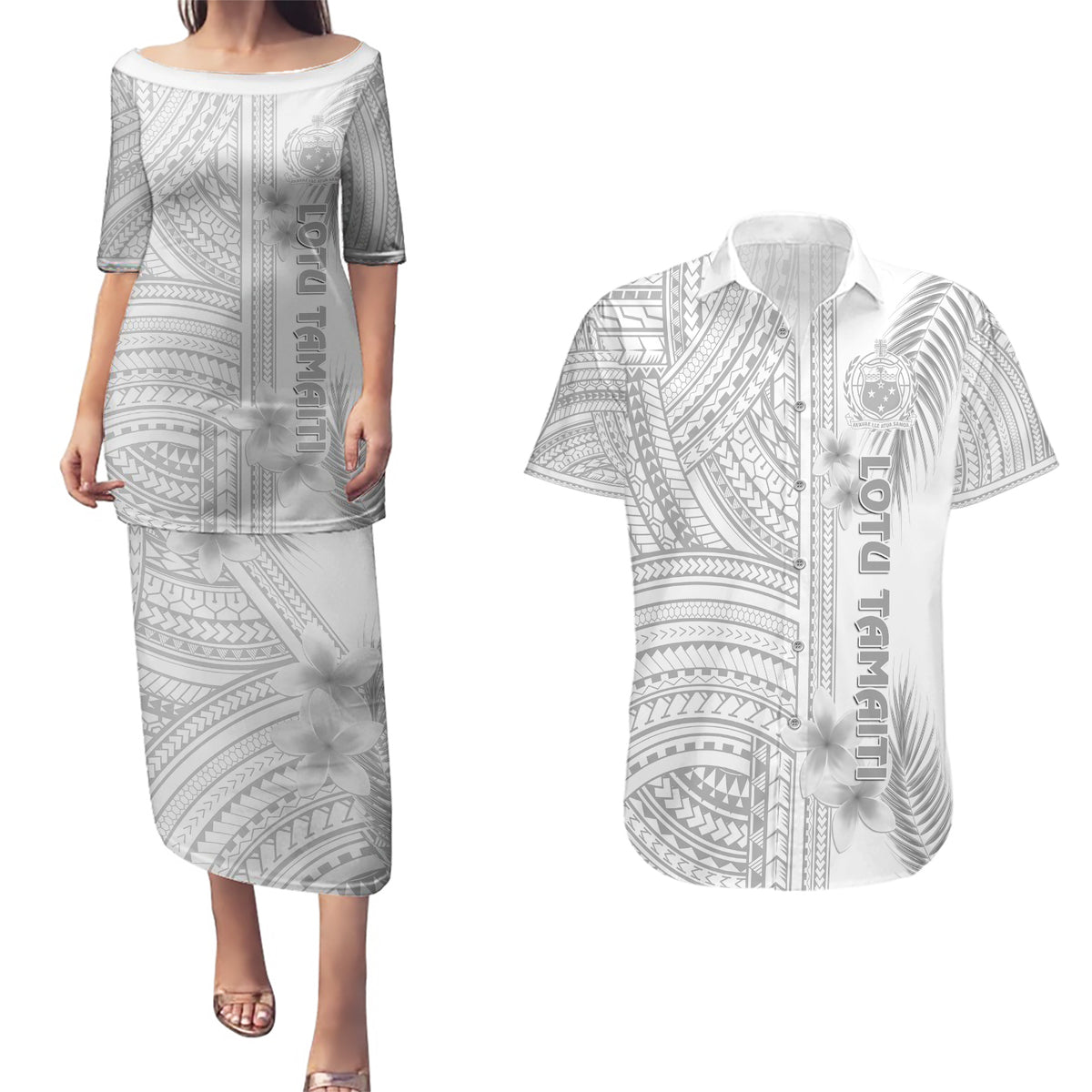 Samoa White Sunday Couples Matching Puletasi Dress and Hawaiian Shirt Manuia le Aso Sa o Tamaiti Polynesian Plumeria - Wonder Print Shop