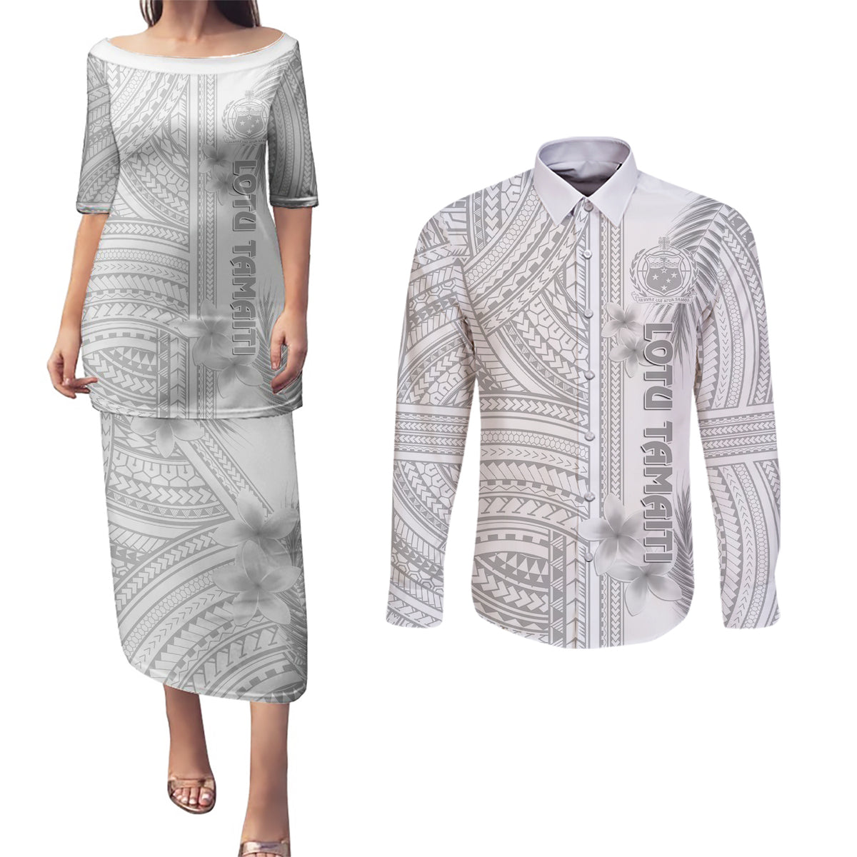 Samoa White Sunday Couples Matching Puletasi Dress and Long Sleeve Button Shirts Manuia le Aso Sa o Tamaiti Polynesian Plumeria - Wonder Print Shop