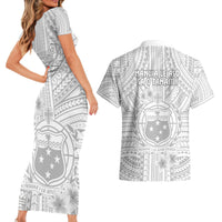 Samoa White Sunday Couples Matching Short Sleeve Bodycon Dress and Hawaiian Shirt Manuia le Aso Sa o Tamaiti Polynesian Plumeria - Wonder Print Shop