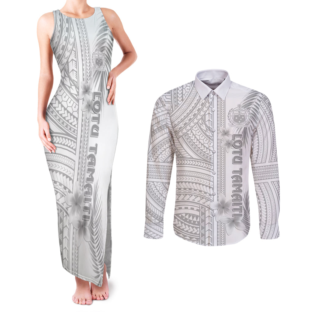 Samoa White Sunday Couples Matching Tank Maxi Dress and Long Sleeve Button Shirts Manuia le Aso Sa o Tamaiti Polynesian Plumeria - Wonder Print Shop