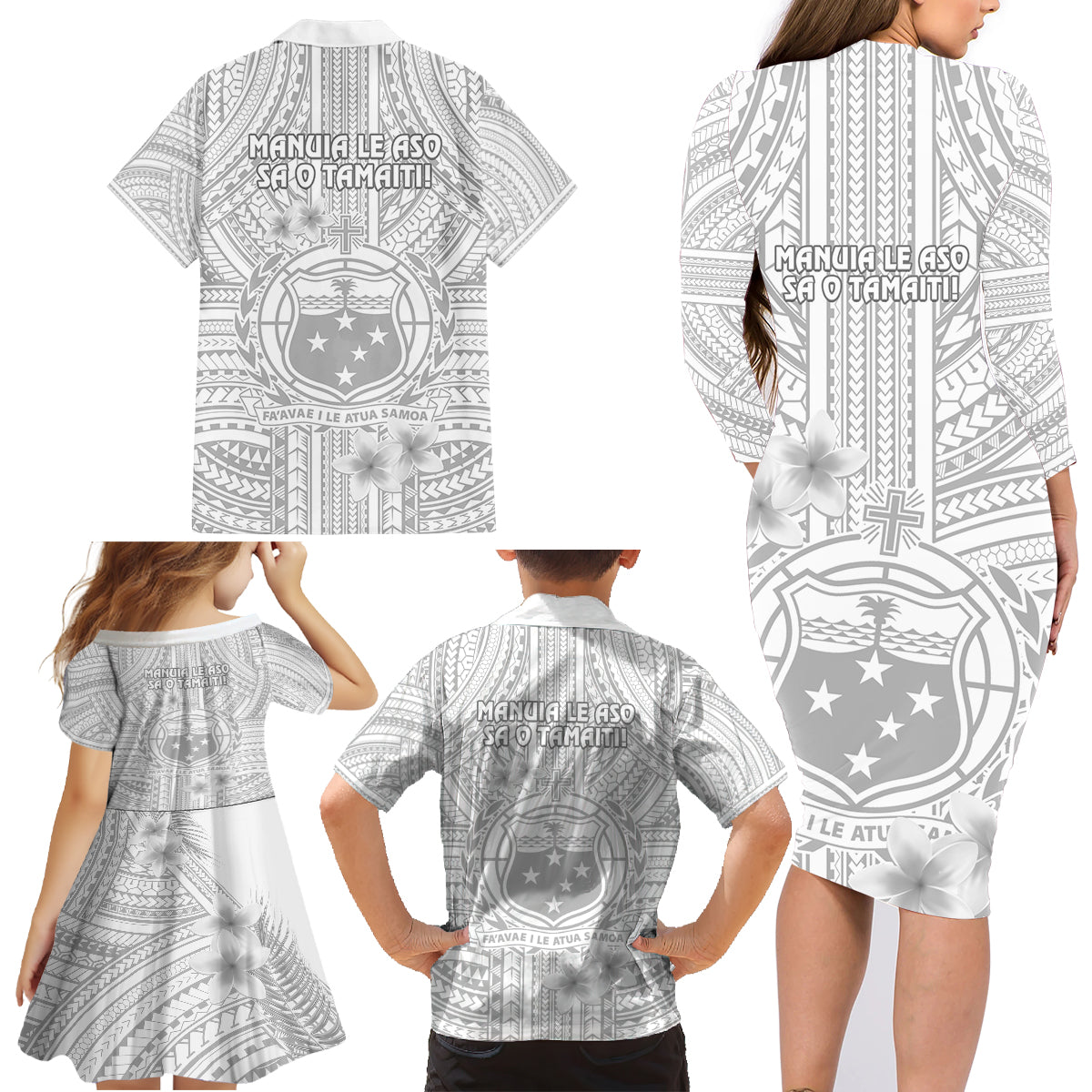 Samoa White Sunday Family Matching Long Sleeve Bodycon Dress and Hawaiian Shirt Manuia le Aso Sa o Tamaiti Polynesian Plumeria - Wonder Print Shop
