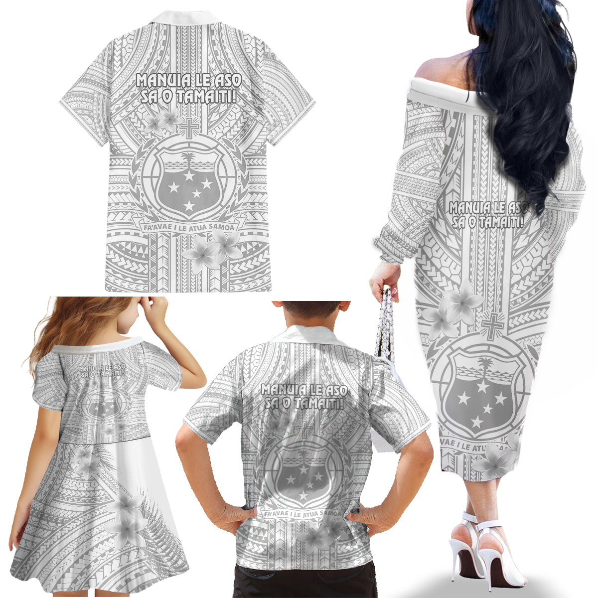 Samoa White Sunday Family Matching Off Shoulder Long Sleeve Dress and Hawaiian Shirt Manuia le Aso Sa o Tamaiti Polynesian Plumeria - Wonder Print Shop