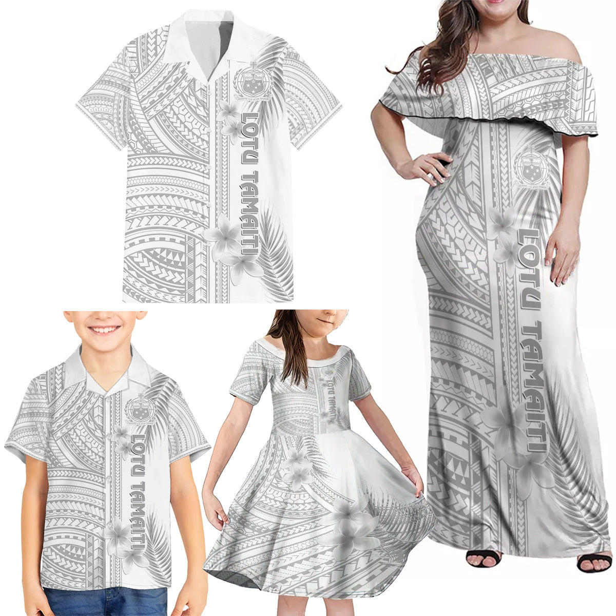 Samoa White Sunday Family Matching Off Shoulder Maxi Dress and Hawaiian Shirt Manuia le Aso Sa o Tamaiti Polynesian Plumeria - Wonder Print Shop
