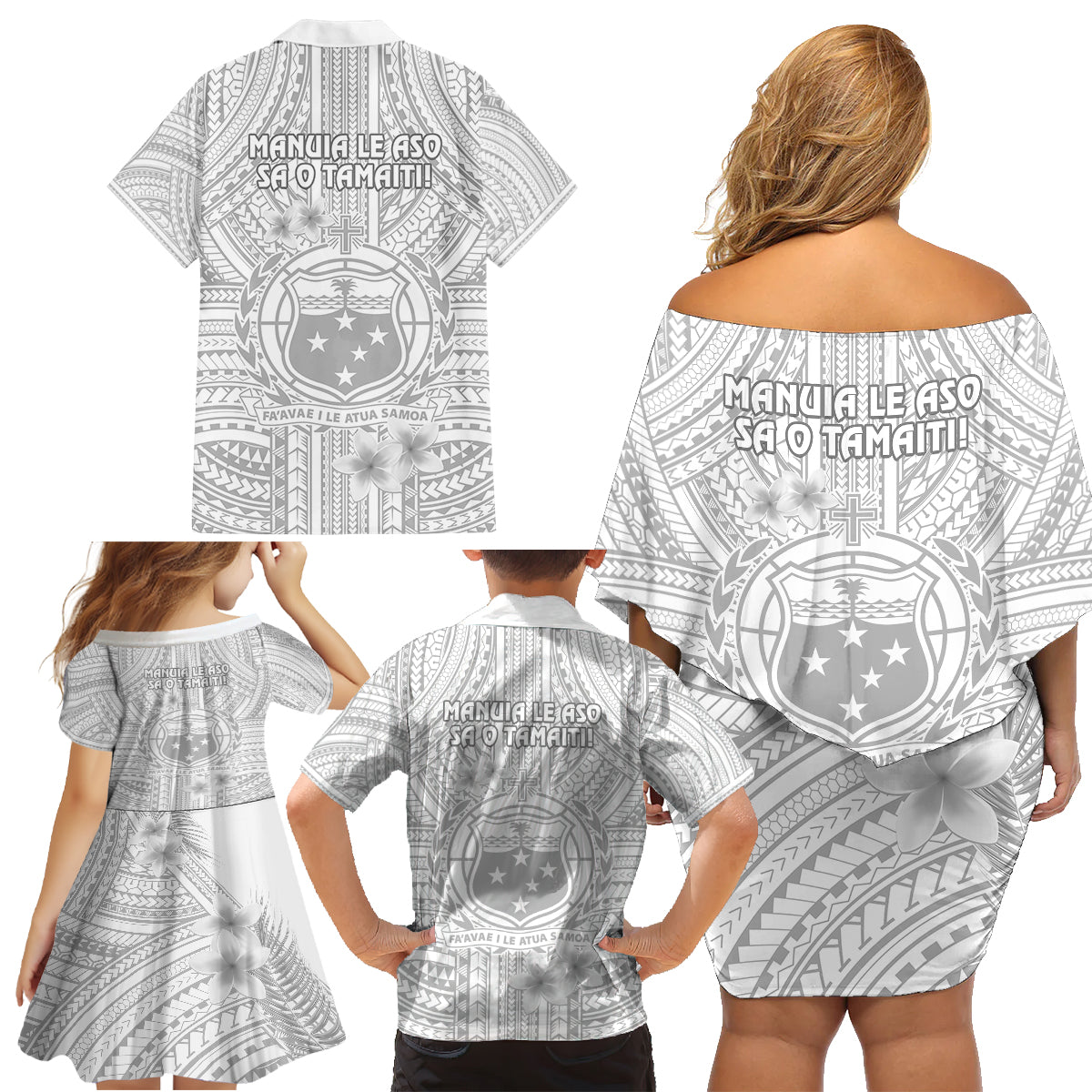 Samoa White Sunday Family Matching Off Shoulder Short Dress and Hawaiian Shirt Manuia le Aso Sa o Tamaiti Polynesian Plumeria - Wonder Print Shop
