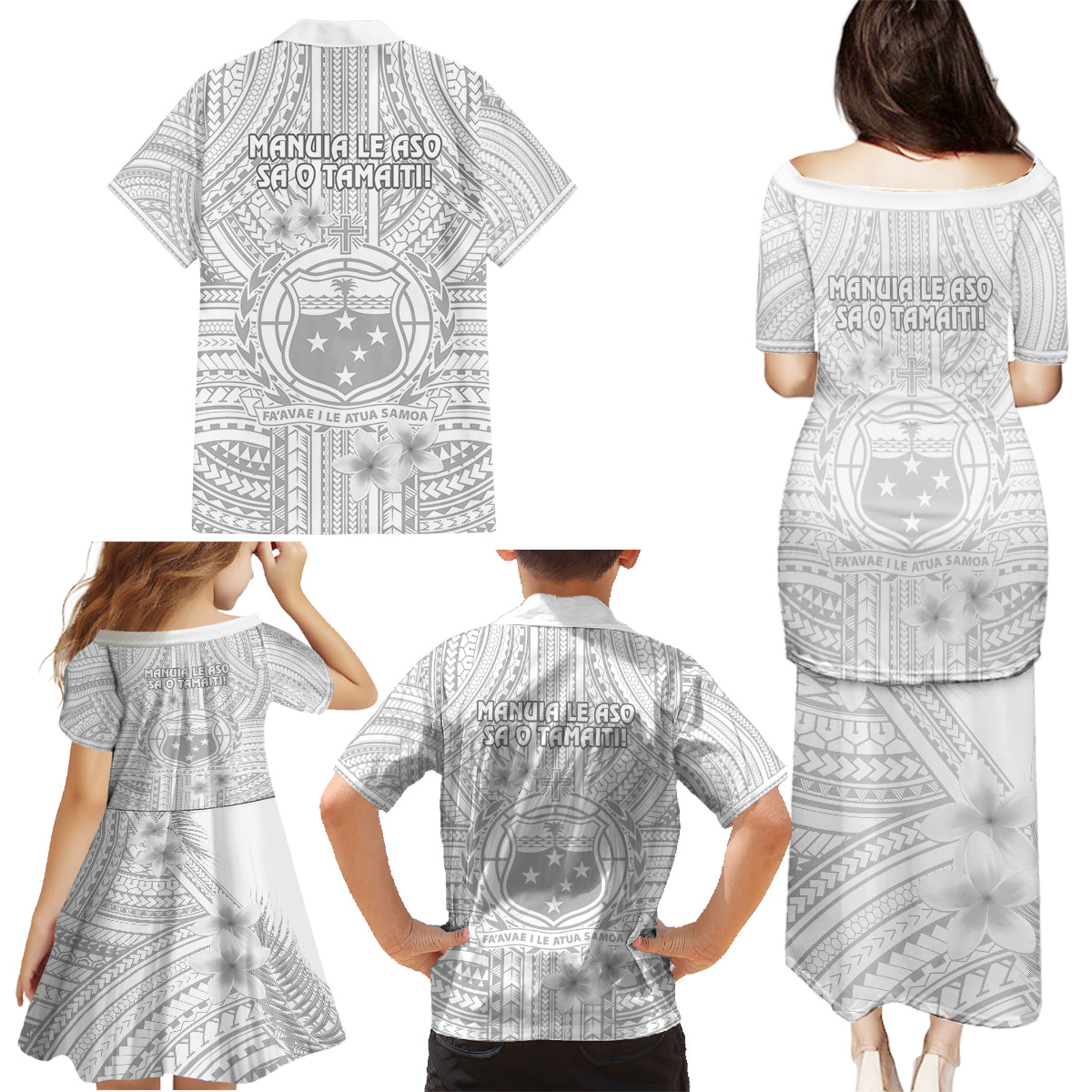 Samoa White Sunday Family Matching Puletasi Dress and Hawaiian Shirt Manuia le Aso Sa o Tamaiti Polynesian Plumeria - Wonder Print Shop