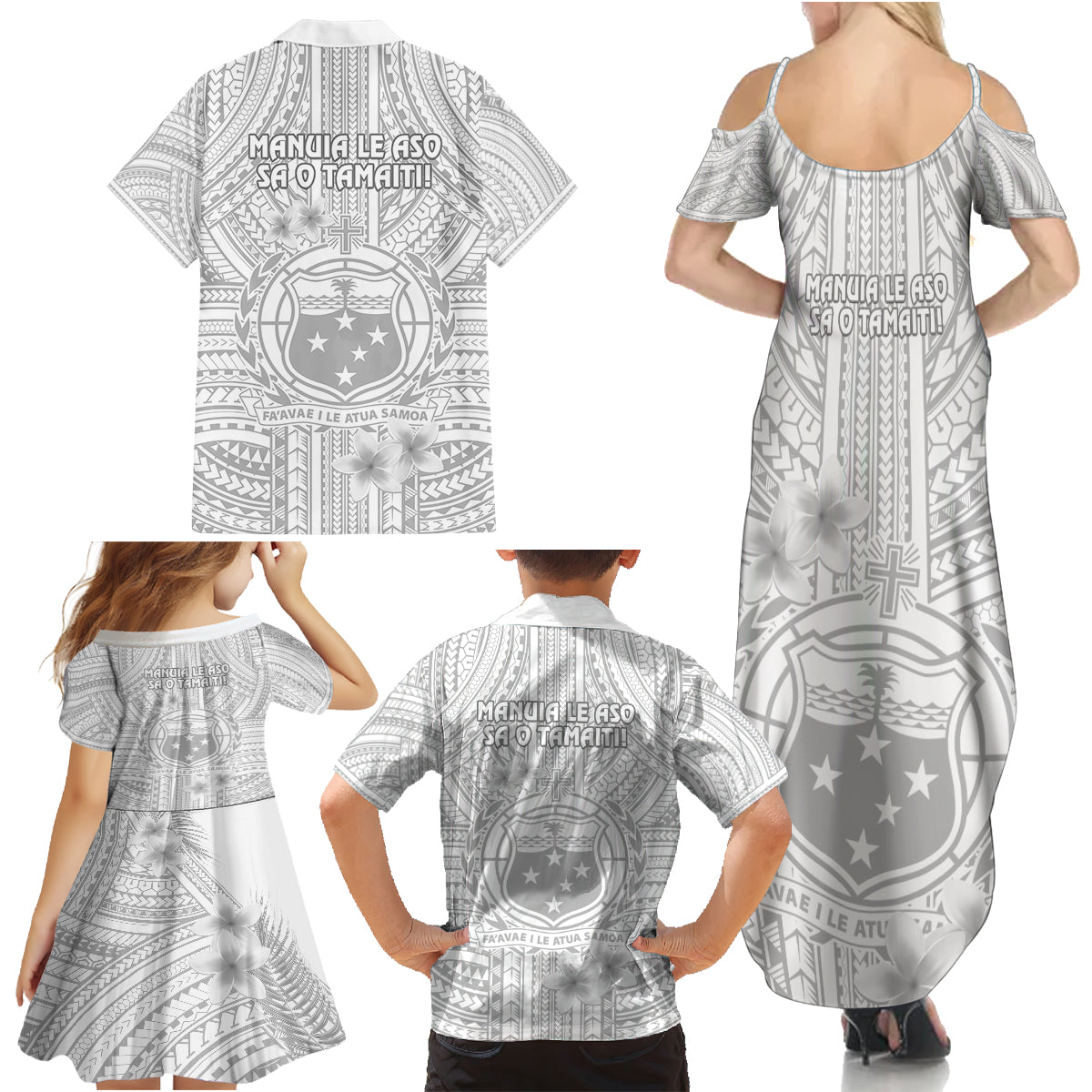 Samoa White Sunday Family Matching Summer Maxi Dress and Hawaiian Shirt Manuia le Aso Sa o Tamaiti Polynesian Plumeria - Wonder Print Shop