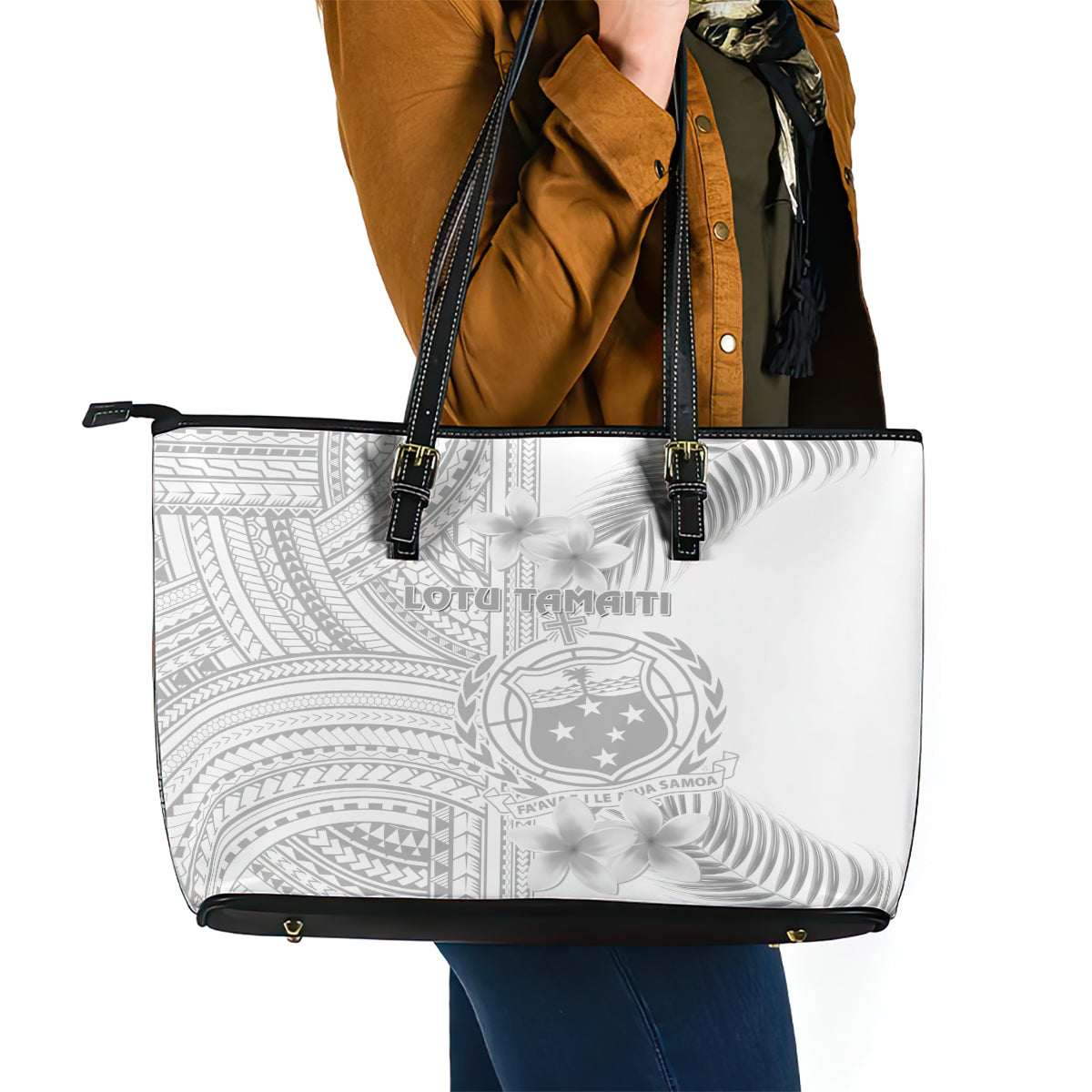 Samoa White Sunday Leather Tote Bag Manuia le Aso Sa o Tamaiti Polynesian Plumeria - Wonder Print Shop