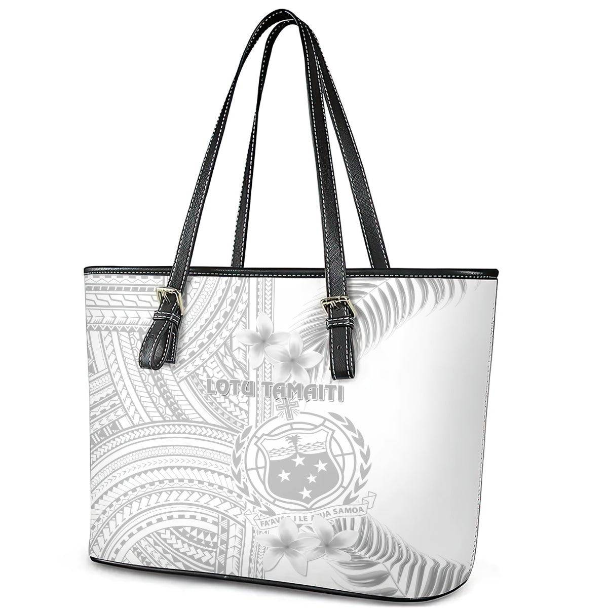 Samoa White Sunday Leather Tote Bag Manuia le Aso Sa o Tamaiti Polynesian Plumeria - Wonder Print Shop