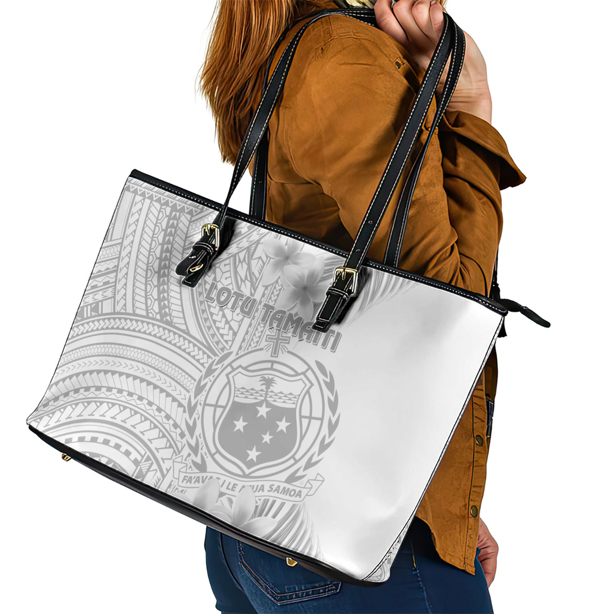 Samoa White Sunday Leather Tote Bag Manuia le Aso Sa o Tamaiti Polynesian Plumeria - Wonder Print Shop