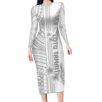 Samoa White Sunday Long Sleeve Bodycon Dress Manuia le Aso Sa o Tamaiti Polynesian Plumeria - Wonder Print Shop
