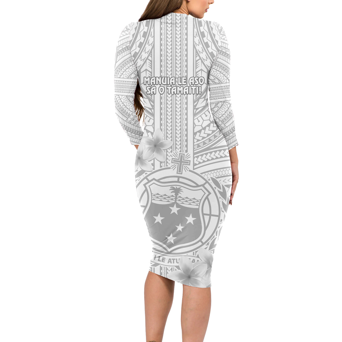 Samoa White Sunday Long Sleeve Bodycon Dress Manuia le Aso Sa o Tamaiti Polynesian Plumeria - Wonder Print Shop