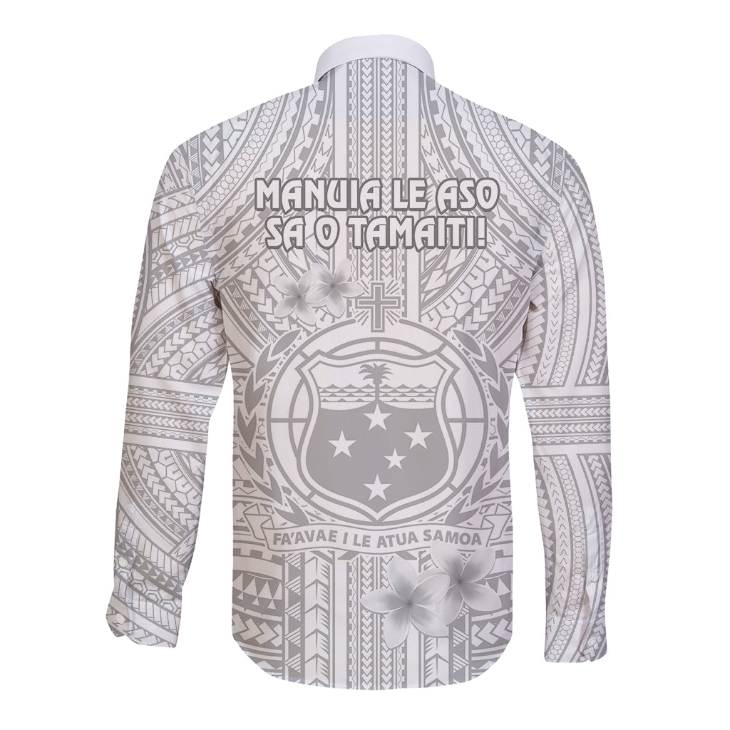 Samoa White Sunday Long Sleeve Button Shirt Manuia le Aso Sa o Tamaiti Polynesian Plumeria - Wonder Print Shop