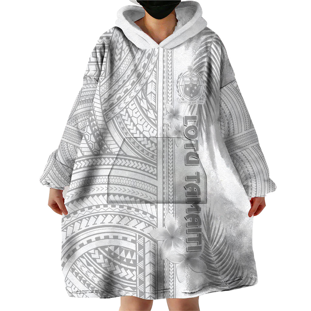 Samoa White Sunday Wearable Blanket Hoodie Manuia le Aso Sa o Tamaiti Polynesian Plumeria - Wonder Print Shop
