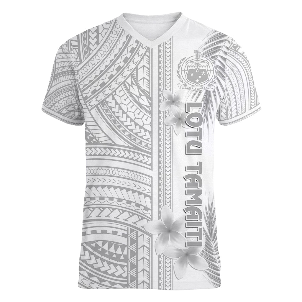 Samoa White Sunday Women V Neck T Shirt Manuia le Aso Sa o Tamaiti Polynesian Plumeria - Wonder Print Shop