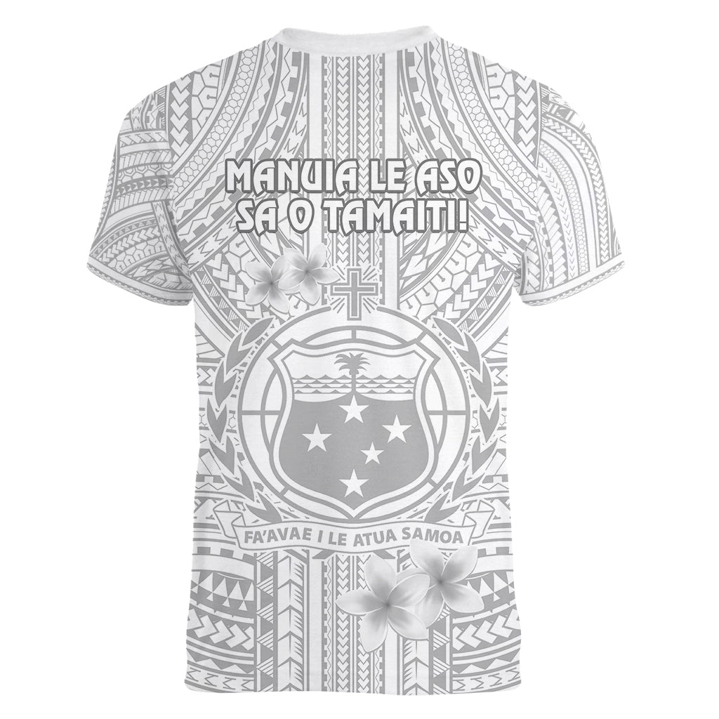 Samoa White Sunday Women V Neck T Shirt Manuia le Aso Sa o Tamaiti Polynesian Plumeria - Wonder Print Shop