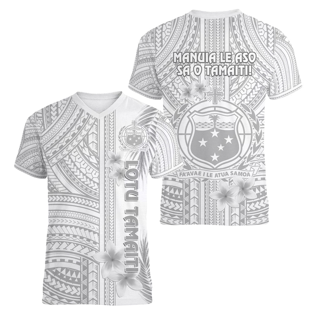 Samoa White Sunday Women V Neck T Shirt Manuia le Aso Sa o Tamaiti Polynesian Plumeria - Wonder Print Shop