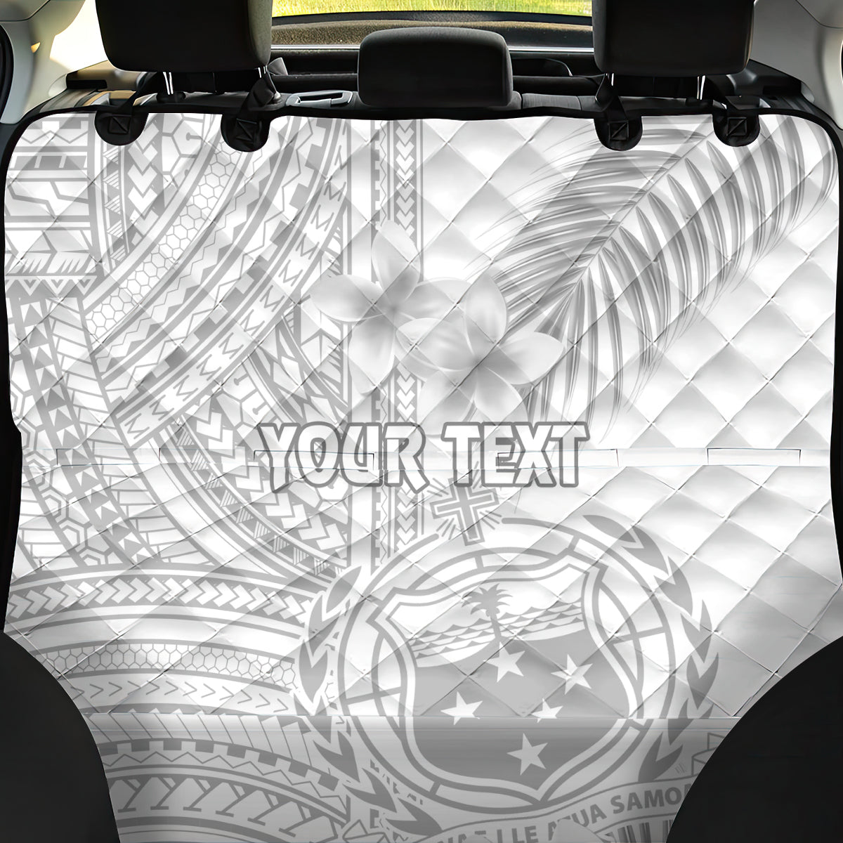 Personalised Samoa White Sunday Back Car Seat Cover Manuia le Aso Sa o Tamaiti Polynesian Plumeria - Wonder Print Shop