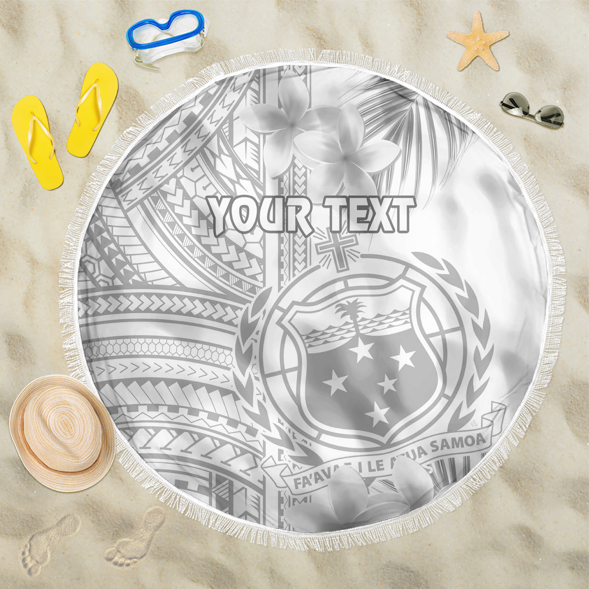 Personalised Samoa White Sunday Beach Blanket Manuia le Aso Sa o Tamaiti Polynesian Plumeria - Wonder Print Shop