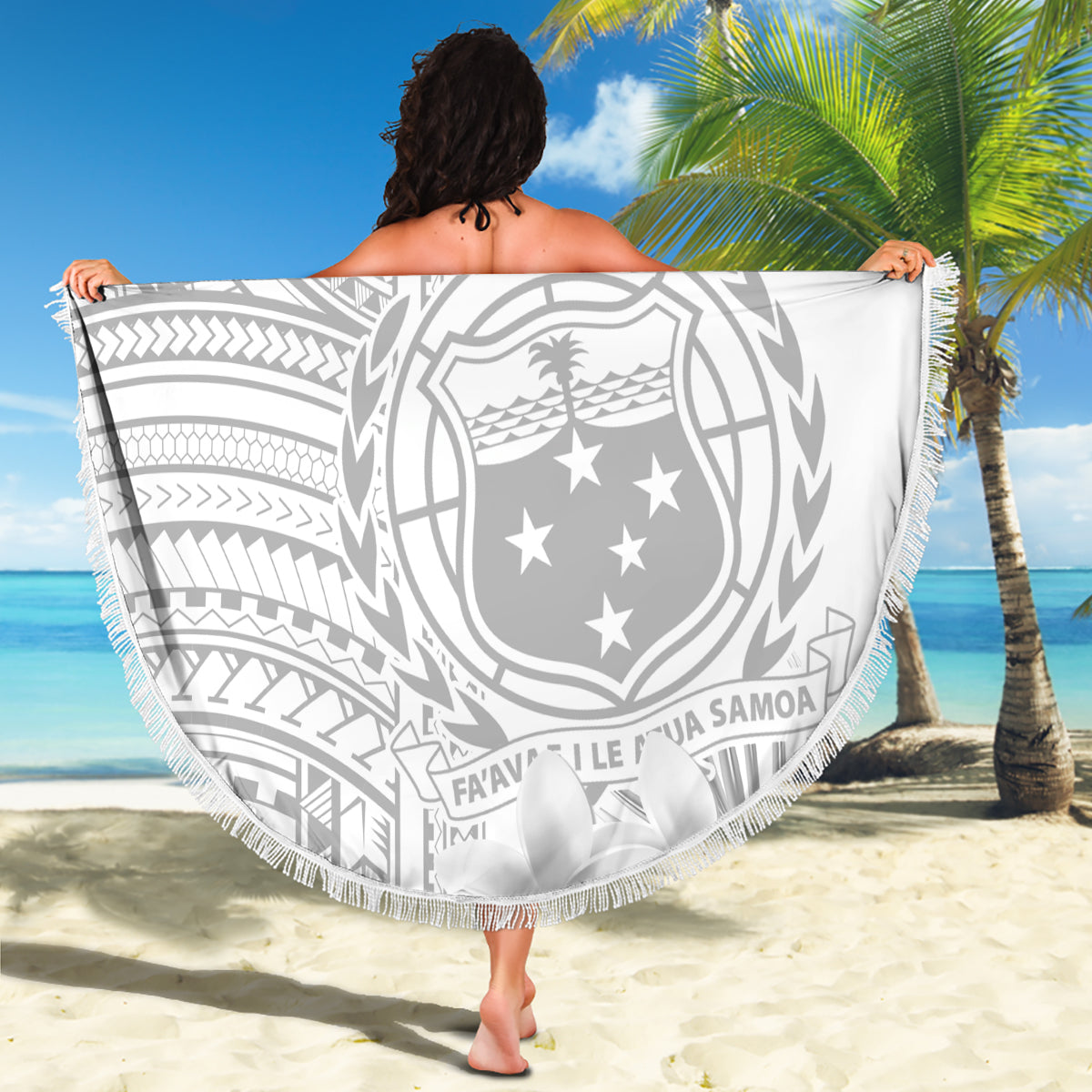 Personalised Samoa White Sunday Beach Blanket Manuia le Aso Sa o Tamaiti Polynesian Plumeria - Wonder Print Shop