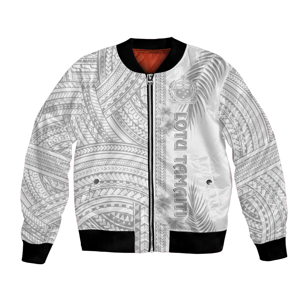 Personalised Samoa White Sunday Bomber Jacket Manuia le Aso Sa o Tamaiti Polynesian Plumeria - Wonder Print Shop