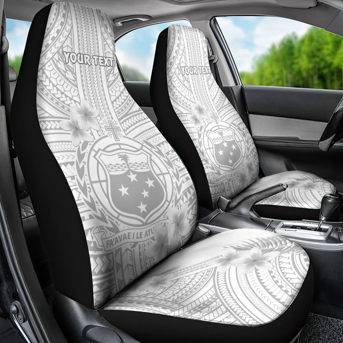 Personalised Samoa White Sunday Car Seat Cover Manuia le Aso Sa o Tamaiti Polynesian Plumeria - Wonder Print Shop