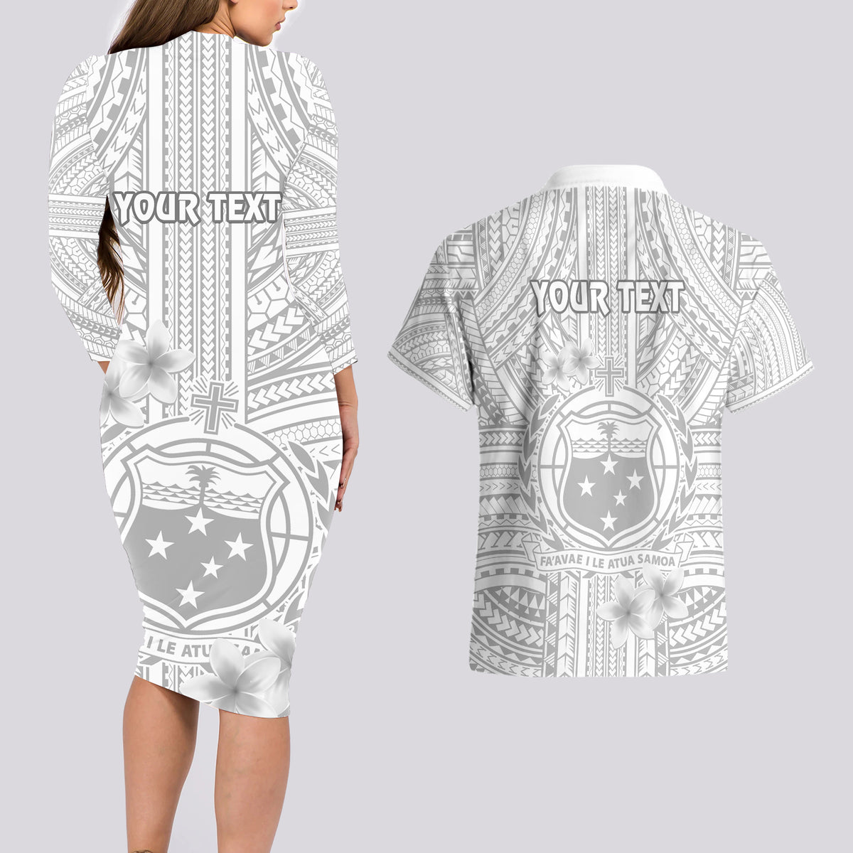 Personalised Samoa White Sunday Couples Matching Long Sleeve Bodycon Dress and Hawaiian Shirt Manuia le Aso Sa o Tamaiti Polynesian Plumeria - Wonder Print Shop