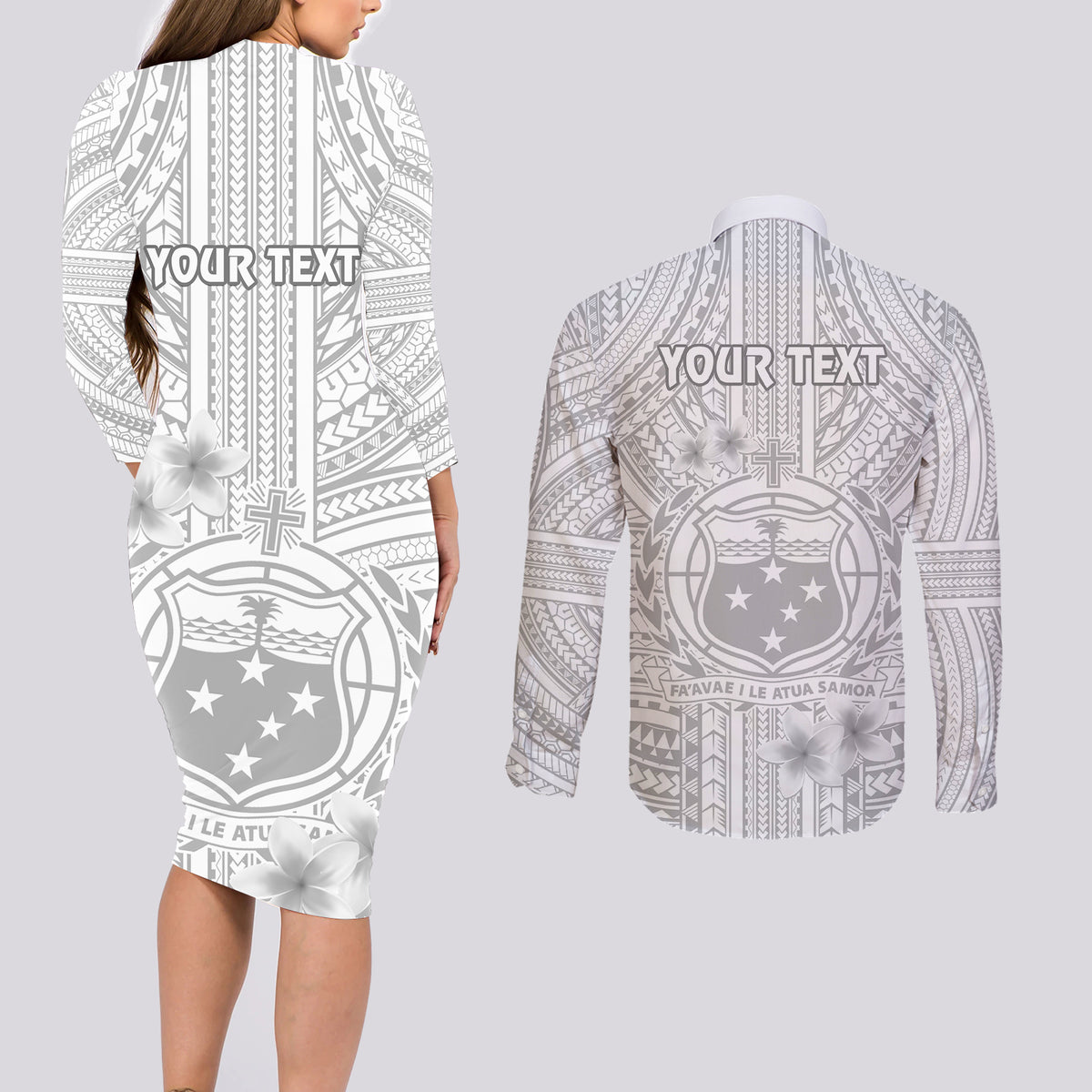Personalised Samoa White Sunday Couples Matching Long Sleeve Bodycon Dress and Long Sleeve Button Shirts Manuia le Aso Sa o Tamaiti Polynesian Plumeria - Wonder Print Shop
