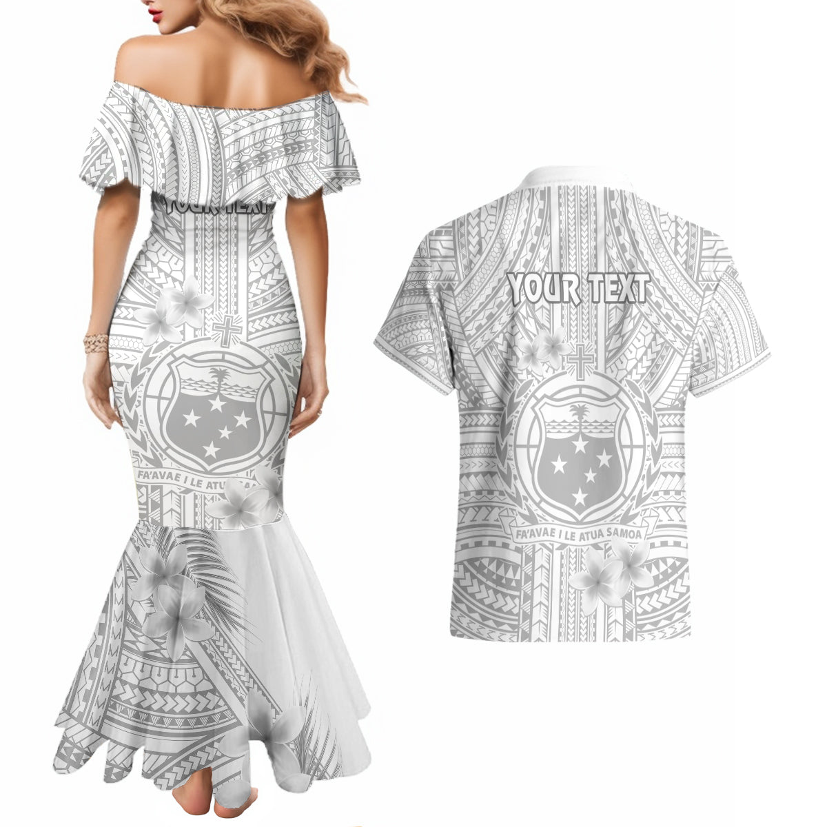 Personalised Samoa White Sunday Couples Matching Mermaid Dress and Hawaiian Shirt Manuia le Aso Sa o Tamaiti Polynesian Plumeria - Wonder Print Shop