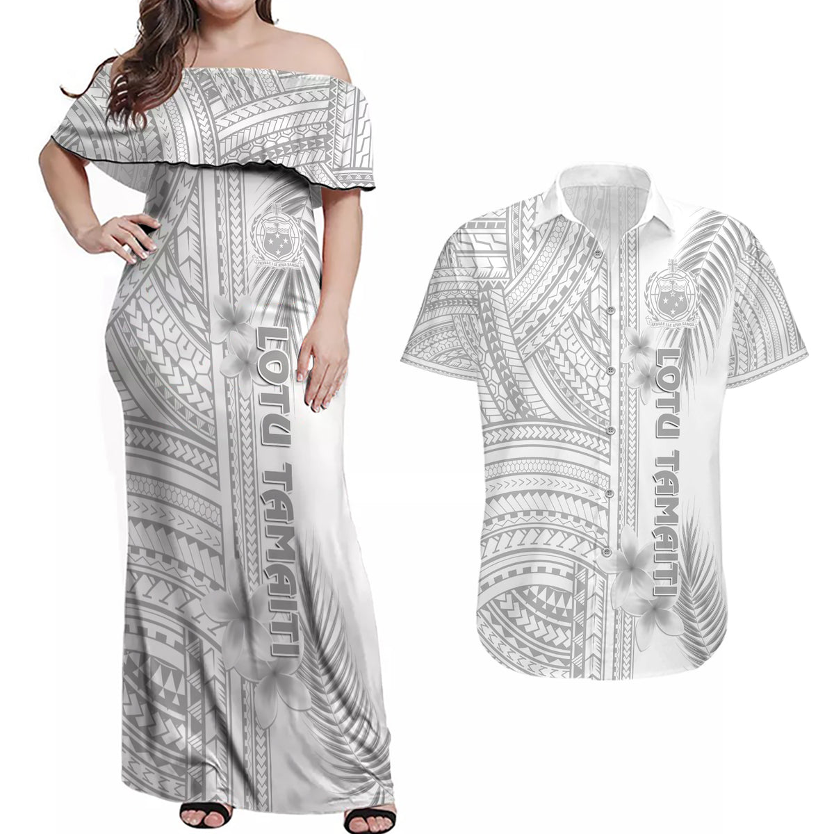 Personalised Samoa White Sunday Couples Matching Off Shoulder Maxi Dress and Hawaiian Shirt Manuia le Aso Sa o Tamaiti Polynesian Plumeria - Wonder Print Shop