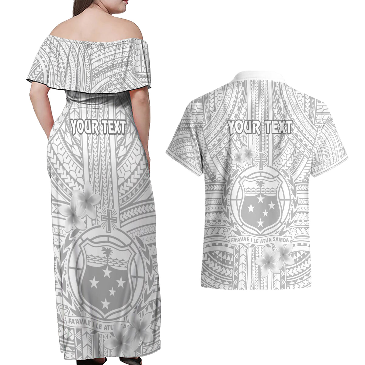 Personalised Samoa White Sunday Couples Matching Off Shoulder Maxi Dress and Hawaiian Shirt Manuia le Aso Sa o Tamaiti Polynesian Plumeria - Wonder Print Shop