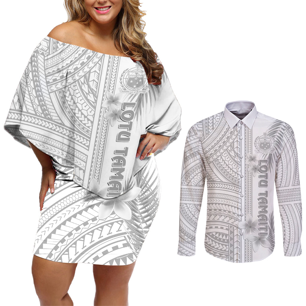 Personalised Samoa White Sunday Couples Matching Off Shoulder Short Dress and Long Sleeve Button Shirts Manuia le Aso Sa o Tamaiti Polynesian Plumeria - Wonder Print Shop