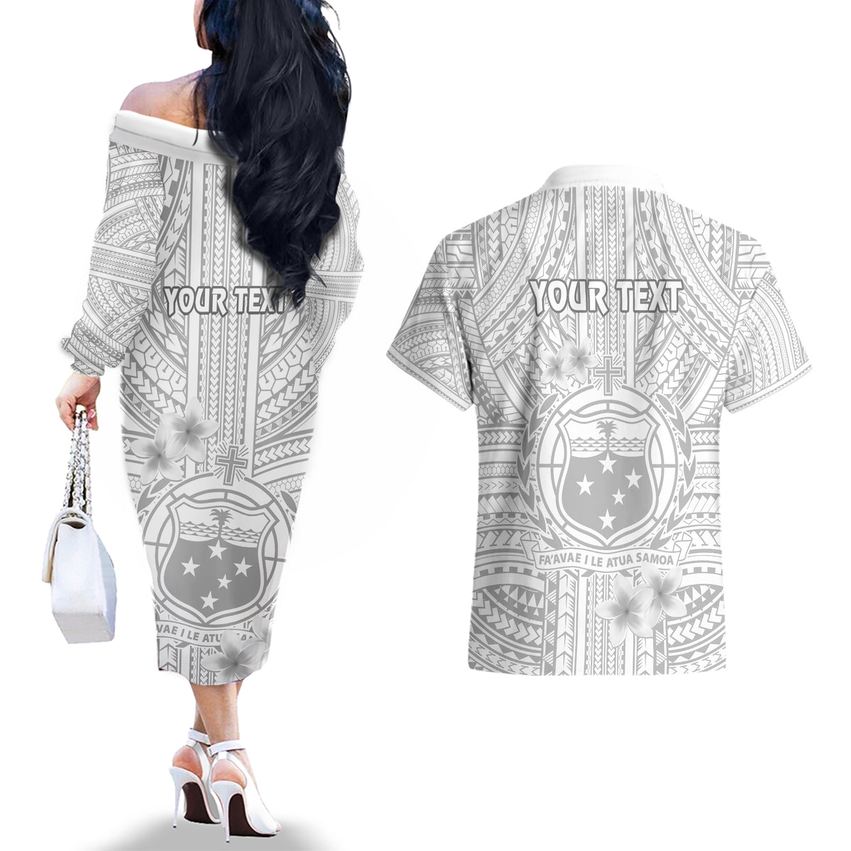Personalised Samoa White Sunday Couples Matching Off The Shoulder Long Sleeve Dress and Hawaiian Shirt Manuia le Aso Sa o Tamaiti Polynesian Plumeria - Wonder Print Shop