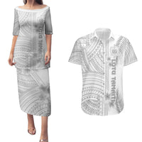 Personalised Samoa White Sunday Couples Matching Puletasi Dress and Hawaiian Shirt Manuia le Aso Sa o Tamaiti Polynesian Plumeria - Wonder Print Shop