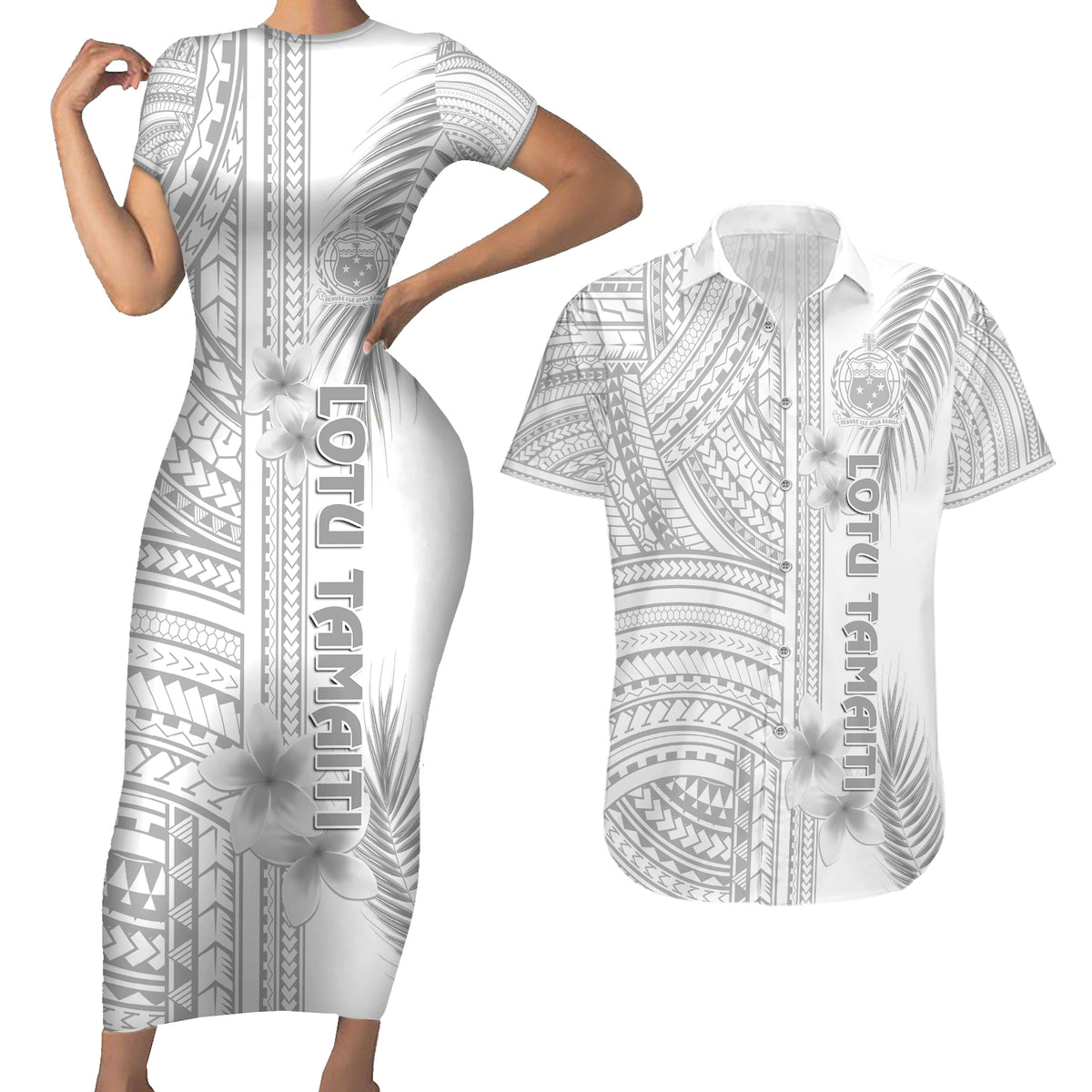 Personalised Samoa White Sunday Couples Matching Short Sleeve Bodycon Dress and Hawaiian Shirt Manuia le Aso Sa o Tamaiti Polynesian Plumeria - Wonder Print Shop
