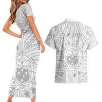 Personalised Samoa White Sunday Couples Matching Short Sleeve Bodycon Dress and Hawaiian Shirt Manuia le Aso Sa o Tamaiti Polynesian Plumeria - Wonder Print Shop