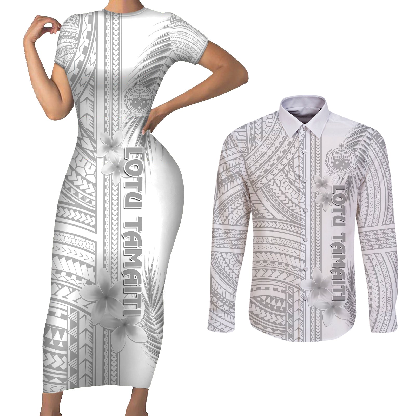 Personalised Samoa White Sunday Couples Matching Short Sleeve Bodycon Dress and Long Sleeve Button Shirts Manuia le Aso Sa o Tamaiti Polynesian Plumeria - Wonder Print Shop